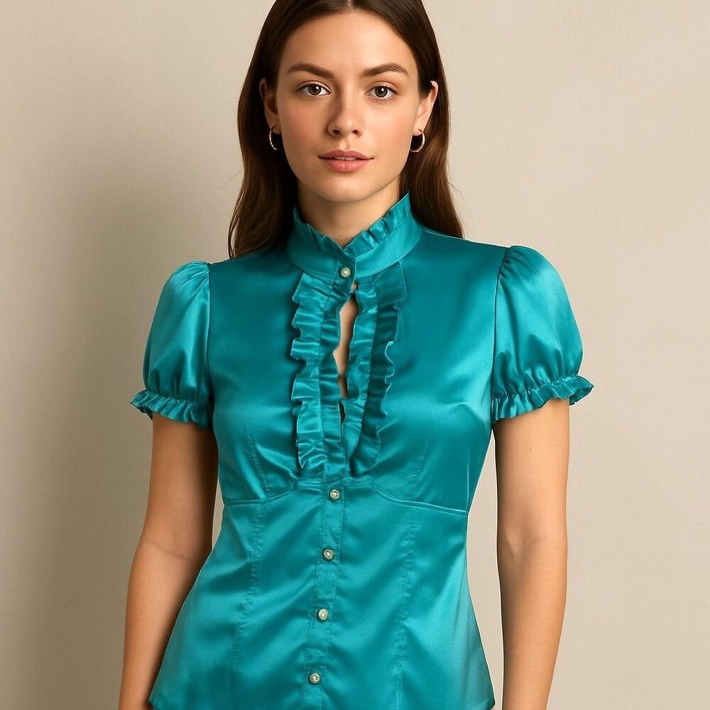 Vintage Y2K Top Medium Coquette Silky Satin Ruffle Puff Sleeve Keyhole High Neck